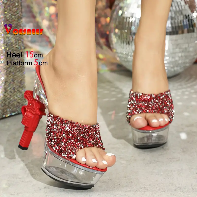Women High Heels 15CM Gun Heeled Luxury Sandals 2025 New Female Nightclub Shoes Slip-on Summer Clear Thick Sole Crystal Slippers