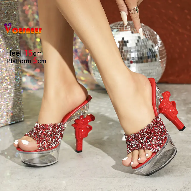 Women High Heels 15CM Gun Heeled Luxury Sandals 2025 New Female Nightclub Shoes Slip-on Summer Clear Thick Sole Crystal Slippers