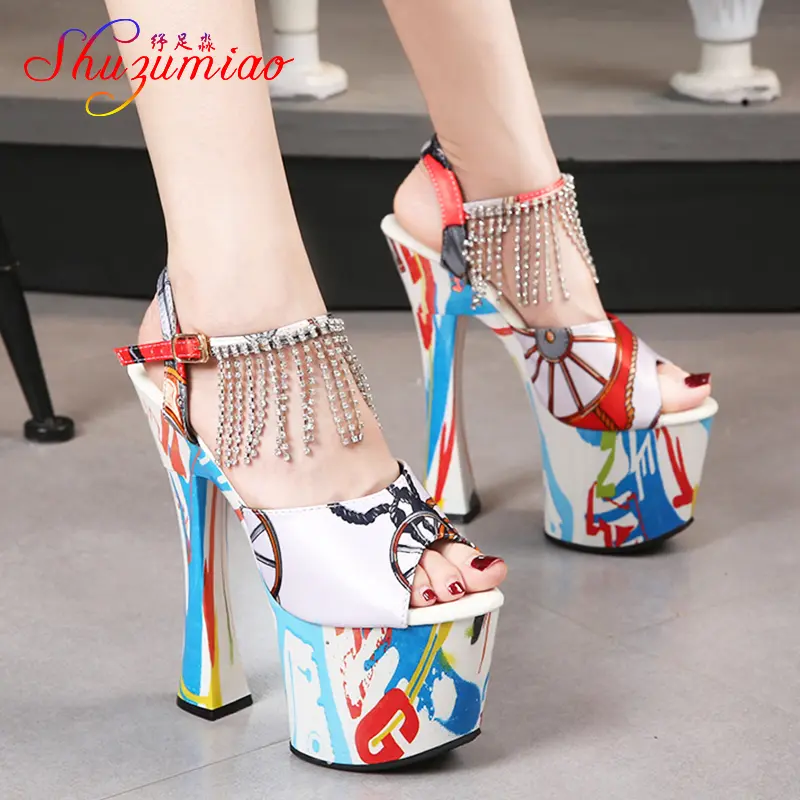 2021 Patent Leather Square heel High Heels Sexy Printing Waterproof Platform Ultra-High Heel Sandals Summer Tassel   Women shoes