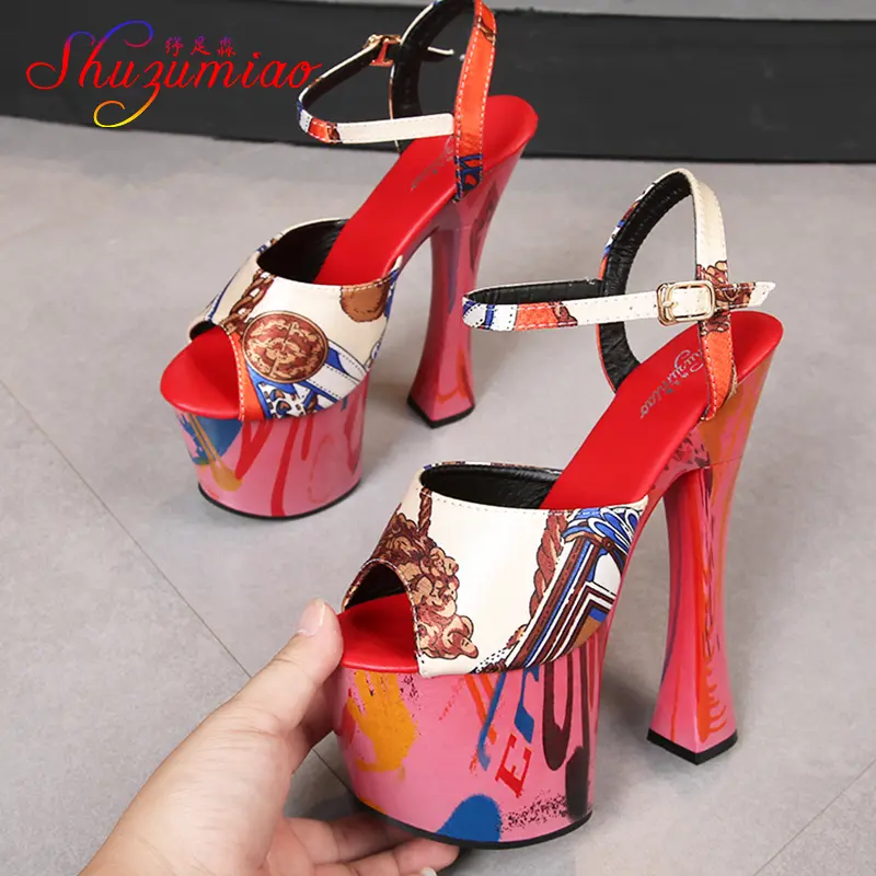 2021 Patent Leather Square heel High Heels Sexy Printing Waterproof Platform Ultra-High Heel Sandals Summer Tassel   Women shoes