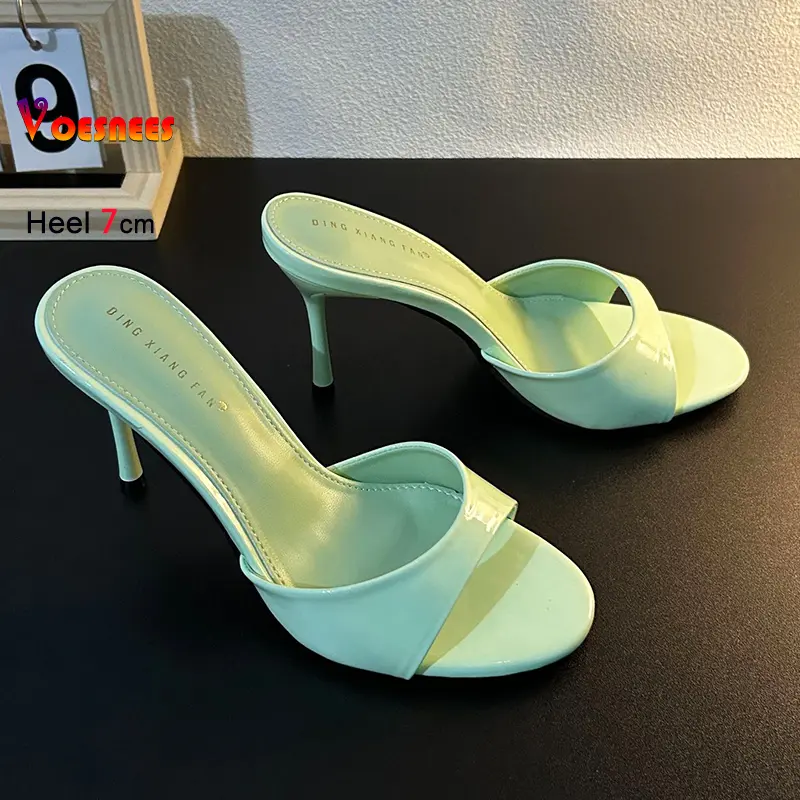 Women Slippers Outside 7CM Sexy Thin High Heels Mules Summer Slip-On Green Shoes Simple style Everyday Female Round Toe Sandals