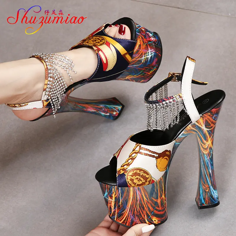 2021 Patent Leather Square heel High Heels Sexy Printing Waterproof Platform Ultra-High Heel Sandals Summer Tassel   Women shoes