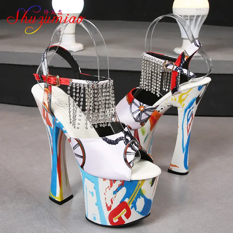 2021 Patent Leather Square heel High Heels Sexy Printing Waterproof Platform Ultra-High Heel Sandals Summer Tassel   Women shoes