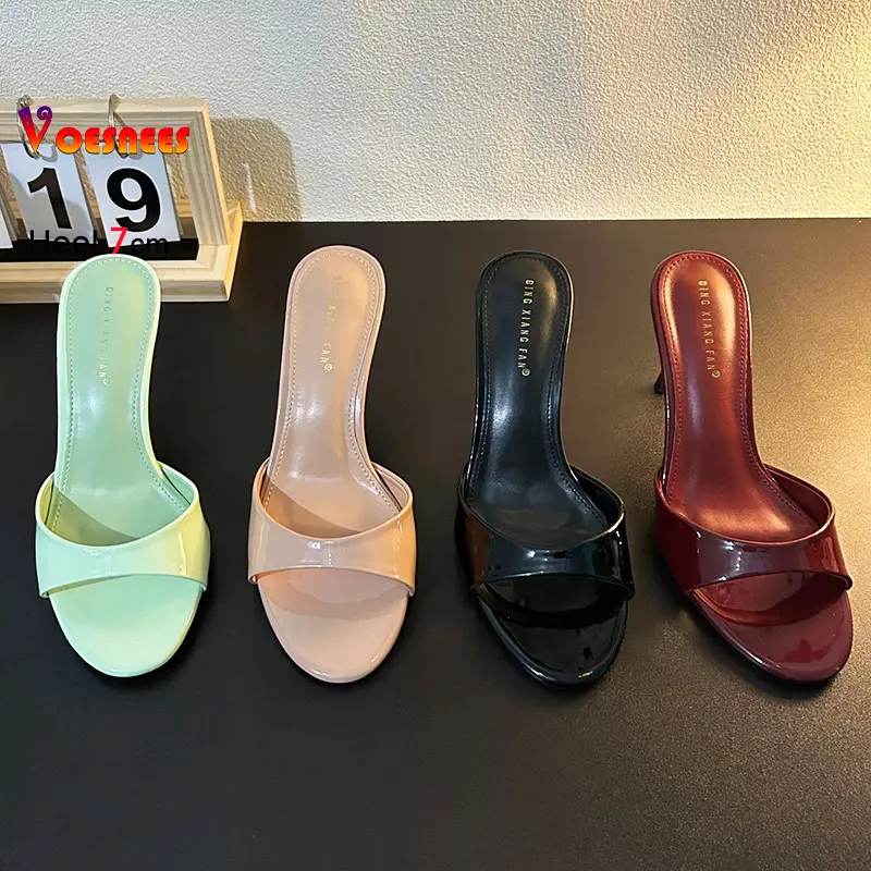 Women Slippers Outside 7CM Sexy Thin High Heels Mules Summer Slip-On Green Shoes Simple style Everyday Female Round Toe Sandals