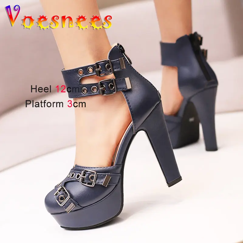 Plus Sized Side Empty High Heels Fashion With Belt Buckle Rome Sandals Waterproof Platform Round Toe Four Season Women's Shoes