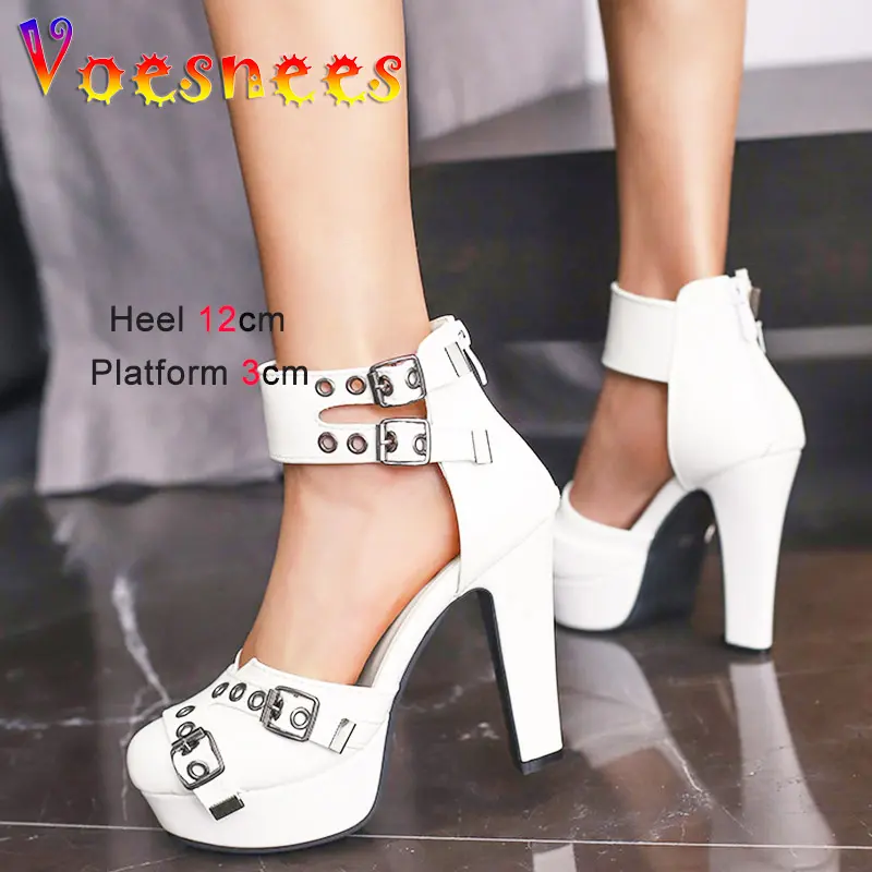 Plus Sized Side Empty High Heels Fashion With Belt Buckle Rome Sandals Waterproof Platform Round Toe Four Season Women's Shoes