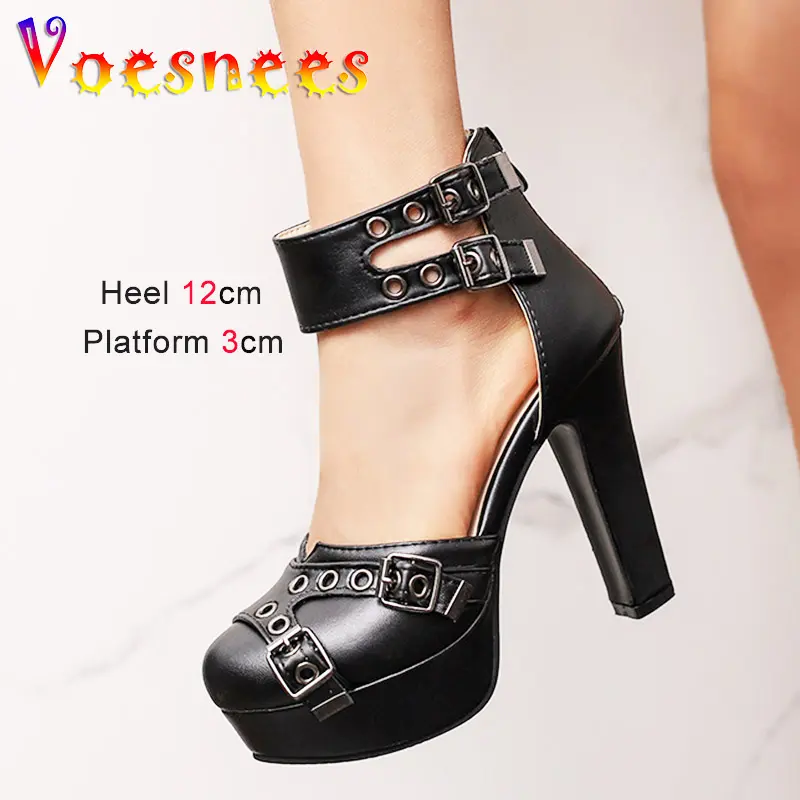 Plus Sized Side Empty High Heels Fashion With Belt Buckle Rome Sandals Waterproof Platform Round Toe Four Season Women's Shoes