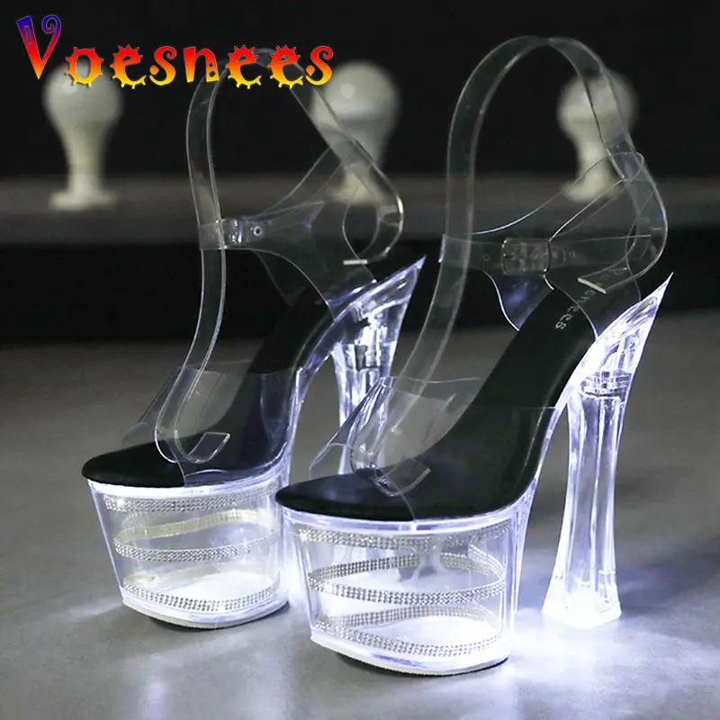 Summer Party Light Up Glowing Shoes New Women Luminous Clear Platform Stripper Shoes Super High Heel Transparent Wedding Sandals