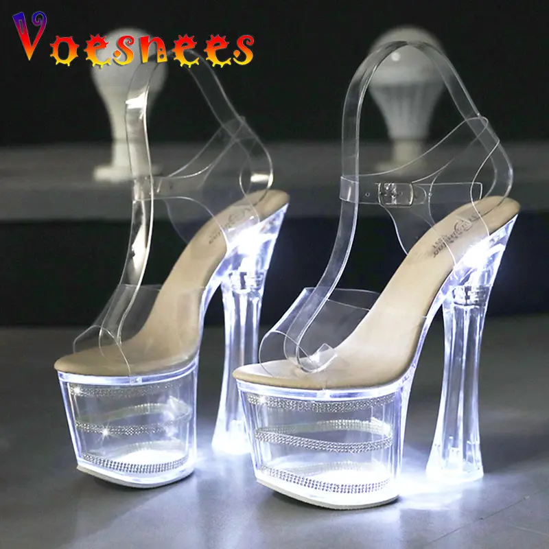 Summer Party Light Up Glowing Shoes New Women Luminous Clear Platform Stripper Shoes Super High Heel Transparent Wedding Sandals