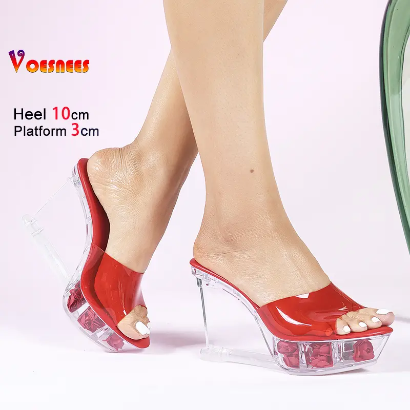 Sexy PVC Transparent Sandals Female Mules Thick Platform 10CM Wedges High Heels Crystal Slippers Summer Women Large Size Shoes