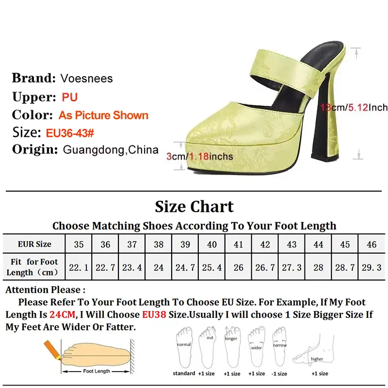 Plus Size Women 12CM High Heeled Summer Slip-on Satin Sandals Thick Platform Slippers For Ladies Pointy Toe Party Shoes Mules ﻿