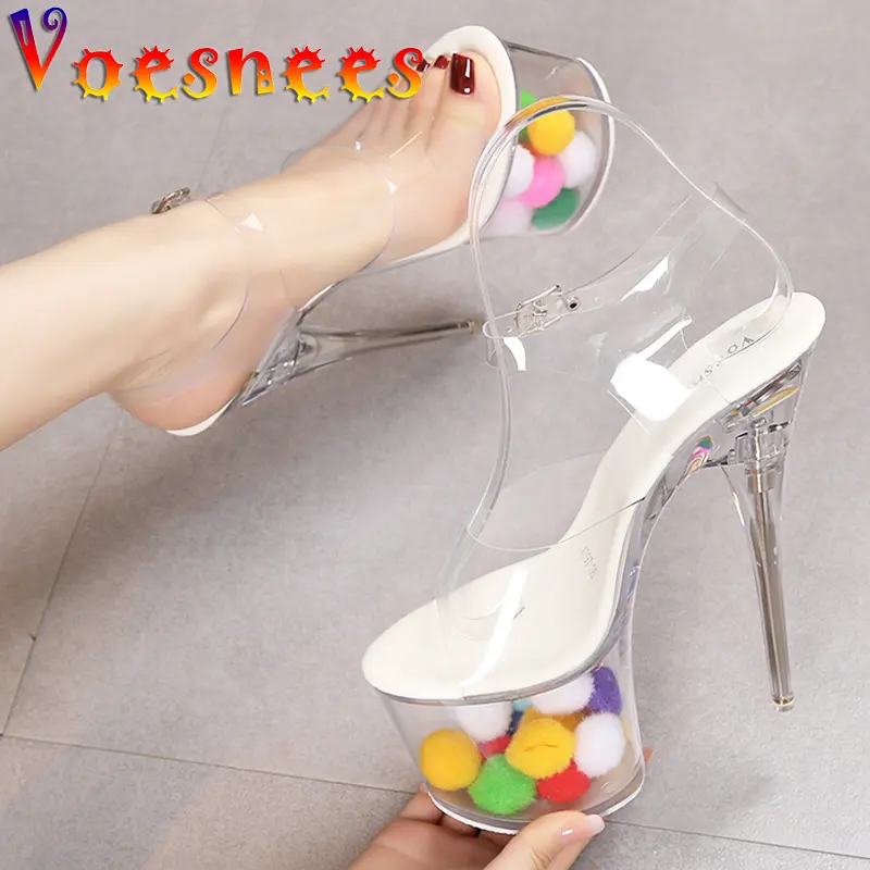 Pole Dance Color Hairball Glow Women Shoes Summer Transparent Sandals Sexy Super High Heels Platform Model Show Female Sandals