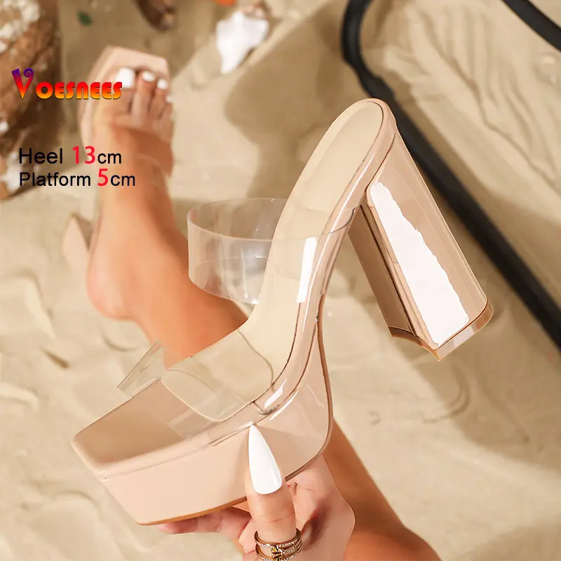 Women Slippers 13CM Chunky High Heels Female Square Toe Slip-on Party Shoes Transparent PVC Summer Sexy Platform Sandals Size 43