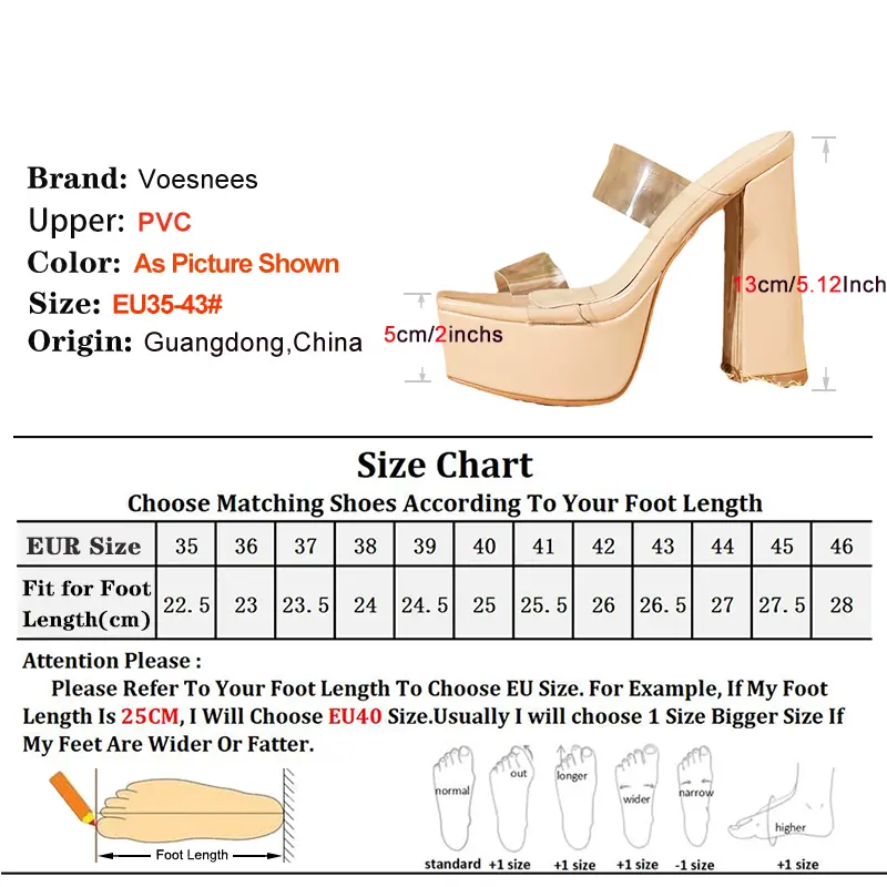 Women Slippers 13CM Chunky High Heels Female Square Toe Slip-on Party Shoes Transparent PVC Summer Sexy Platform Sandals Size 43