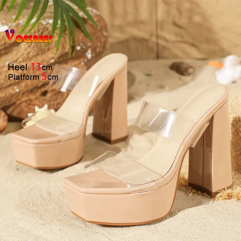 Women Slippers 13CM Chunky High Heels Female Square Toe Slip-on Party Shoes Transparent PVC Summer Sexy Platform Sandals Size 43