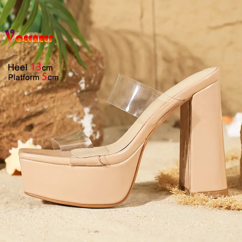 Women Slippers 13CM Chunky High Heels Female Square Toe Slip-on Party Shoes Transparent PVC Summer Sexy Platform Sandals Size 43