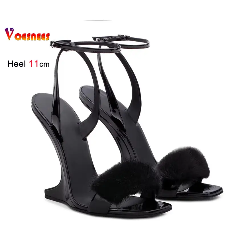 2025 No-Heel Design Summer Fashion Mink Fur Wedge Sandals for Women Sexy One-Word Band High-Heel Party Shoes Black Party Heels