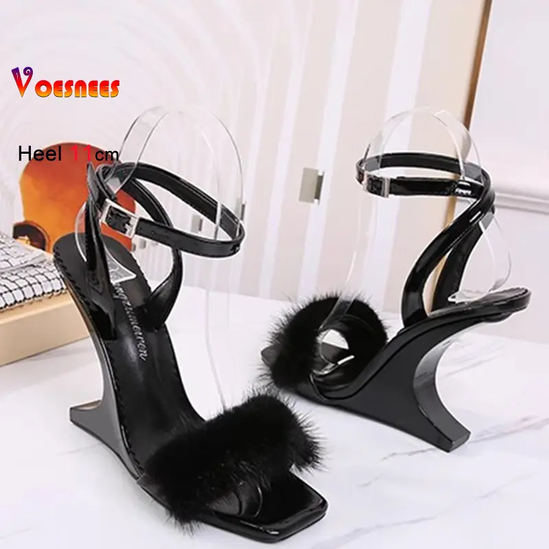 2025 No-Heel Design Summer Fashion Mink Fur Wedge Sandals for Women Sexy One-Word Band High-Heel Party Shoes Black Party Heels
