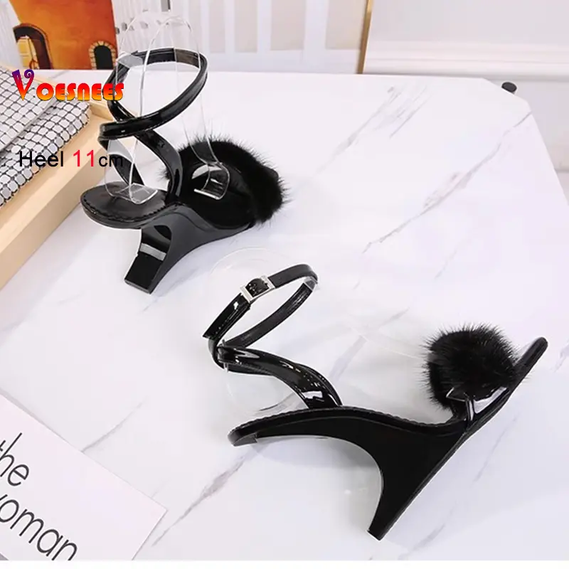 2025 No-Heel Design Summer Fashion Mink Fur Wedge Sandals for Women Sexy One-Word Band High-Heel Party Shoes Black Party Heels