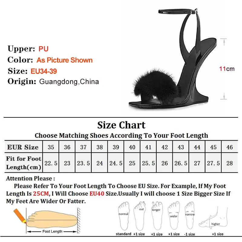 2025 No-Heel Design Summer Fashion Mink Fur Wedge Sandals for Women Sexy One-Word Band High-Heel Party Shoes Black Party Heels