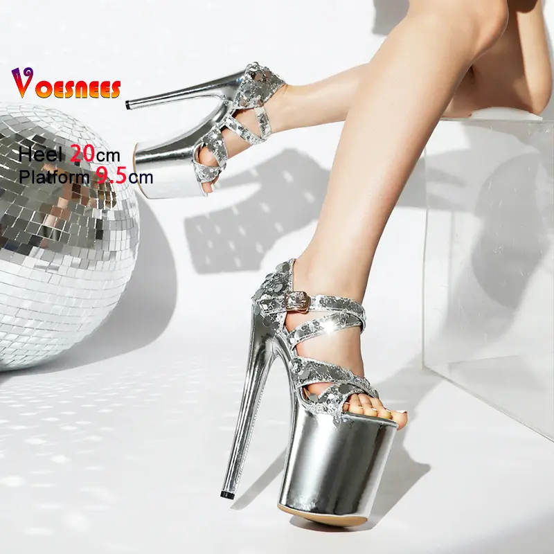 Glitter Dance Shoes For Women 20CM/8Inch Summer Ultra high heels Fashion Model Catwalk Shoes Gladiator Sequin Platform Sandals
