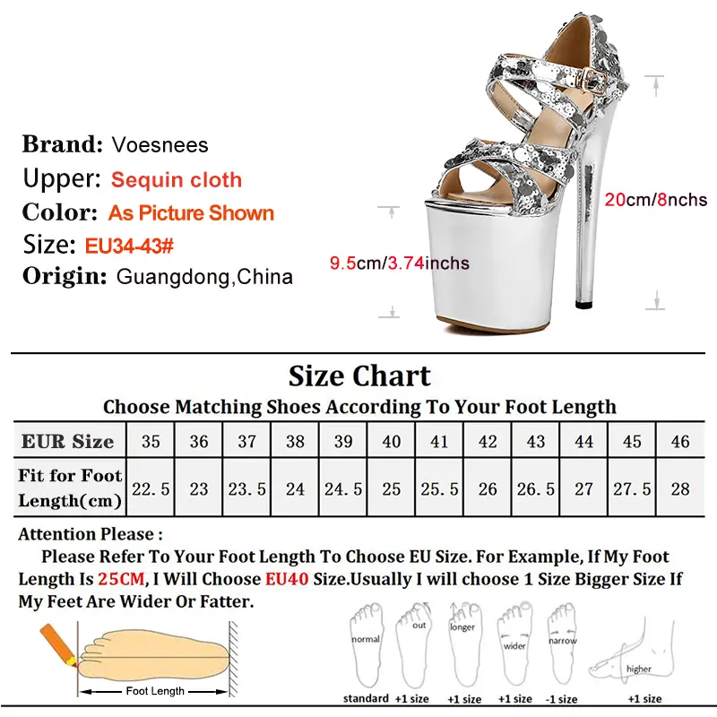 Glitter Dance Shoes For Women 20CM/8Inch Summer Ultra high heels Fashion Model Catwalk Shoes Gladiator Sequin Platform Sandals