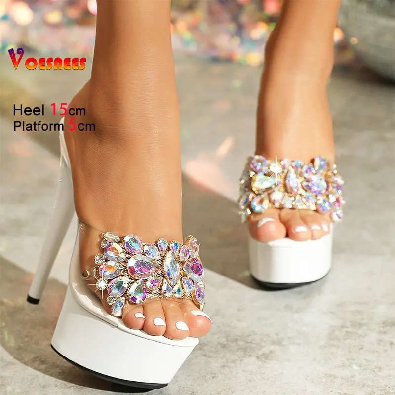 Luxury Rhinestones Transparent Slippers Women Platform Thin High Heels Model Catwalk Sandals 15CM Summer Night Club Stage Shoes