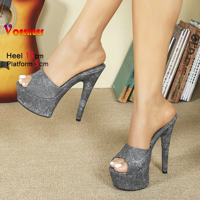 Comfort Cloth 15CM Thin High Heel Women Slippers 2025 New Summer Party Shoes For Ladies 5CM Thick Platform Model Show Sandals