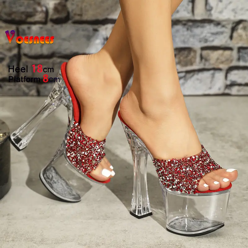 18CM Super High Slippers Plus Size 43 Nightclub Clear Heels Sequined Sandals Women Transparent Platform Summer PVC Slip-on Shoes