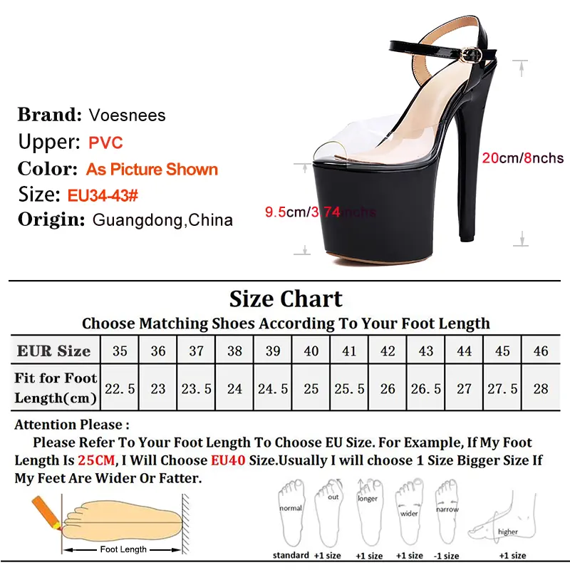 Large Size 20CM Super High Heels Black Platform Women Pole Dance Shoes 2025 Summer Nightclub Party Sexy PVC Transparent Sandals