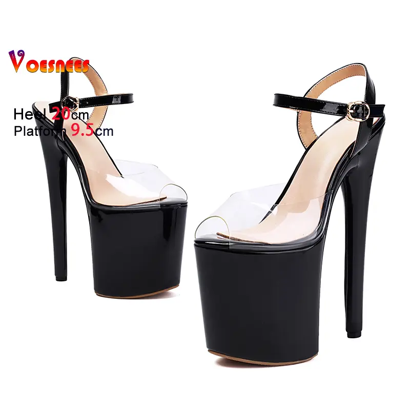 Large Size 20CM Super High Heels Black Platform Women Pole Dance Shoes 2025 Summer Nightclub Party Sexy PVC Transparent Sandals