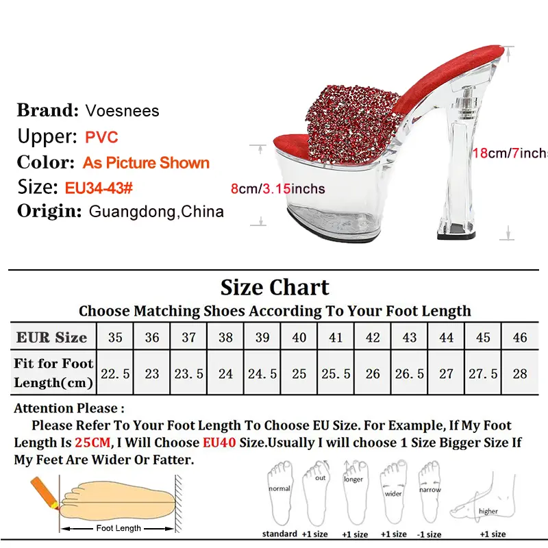 18CM Super High Slippers Plus Size 43 Nightclub Clear Heels Sequined Sandals Women Transparent Platform Summer PVC Slip-on Shoes