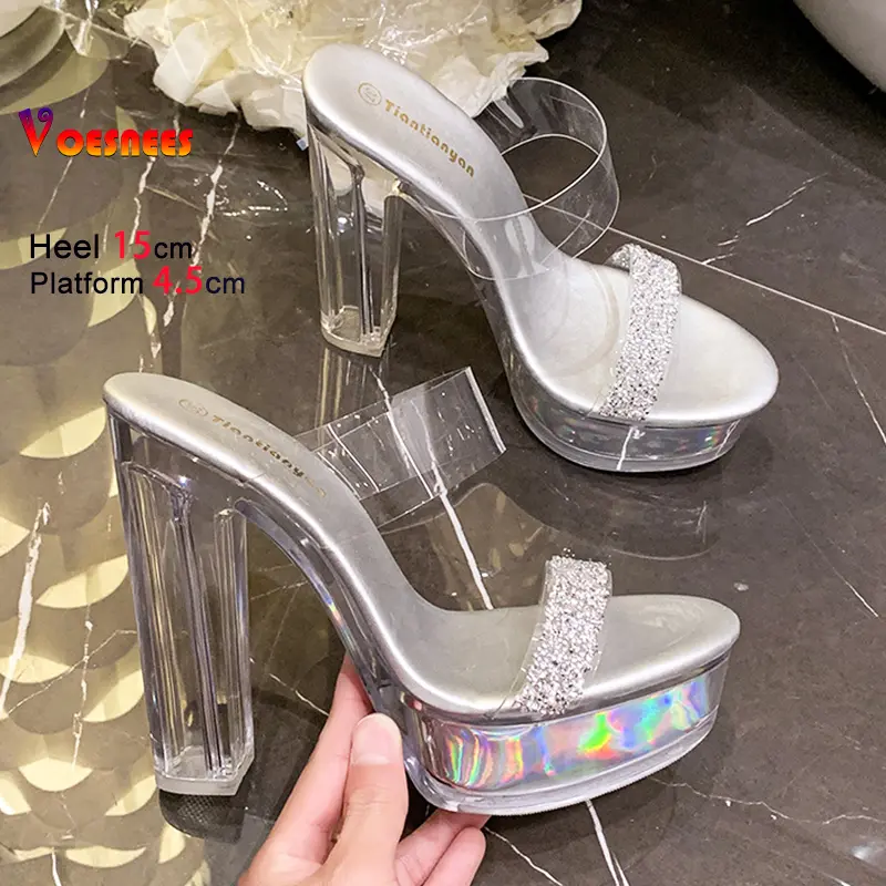Sequin Decor High Heels Slippers Women 15CM Fashion Platform Crystal Sandals Transparent PVC Slide Summer Night Club Woman Shoes