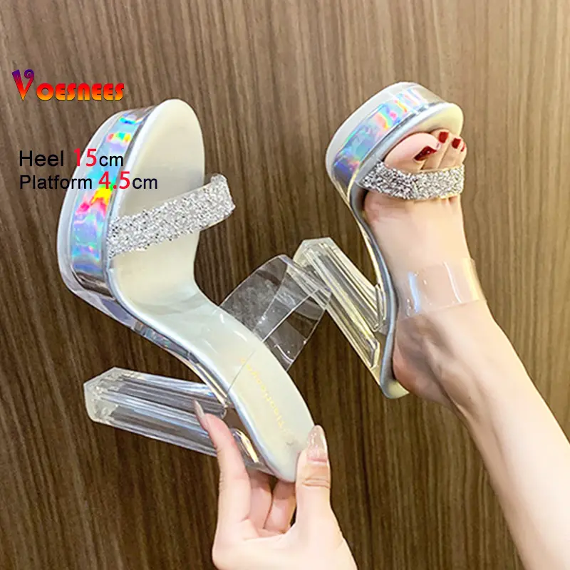 Sequin Decor High Heels Slippers Women 15CM Fashion Platform Crystal Sandals Transparent PVC Slide Summer Night Club Woman Shoes