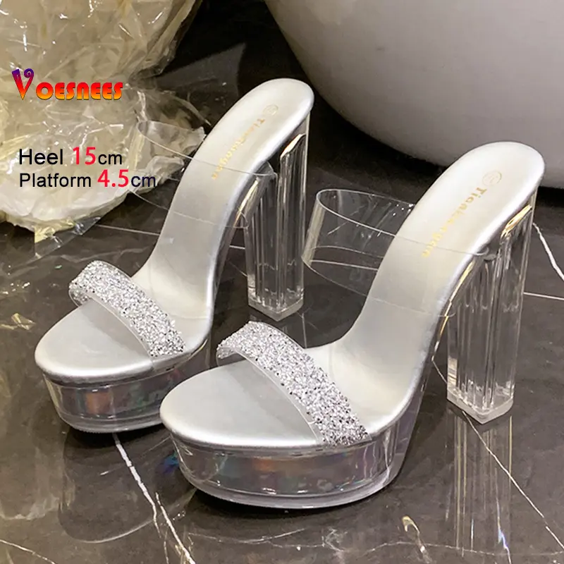 Sequin Decor High Heels Slippers Women 15CM Fashion Platform Crystal Sandals Transparent PVC Slide Summer Night Club Woman Shoes