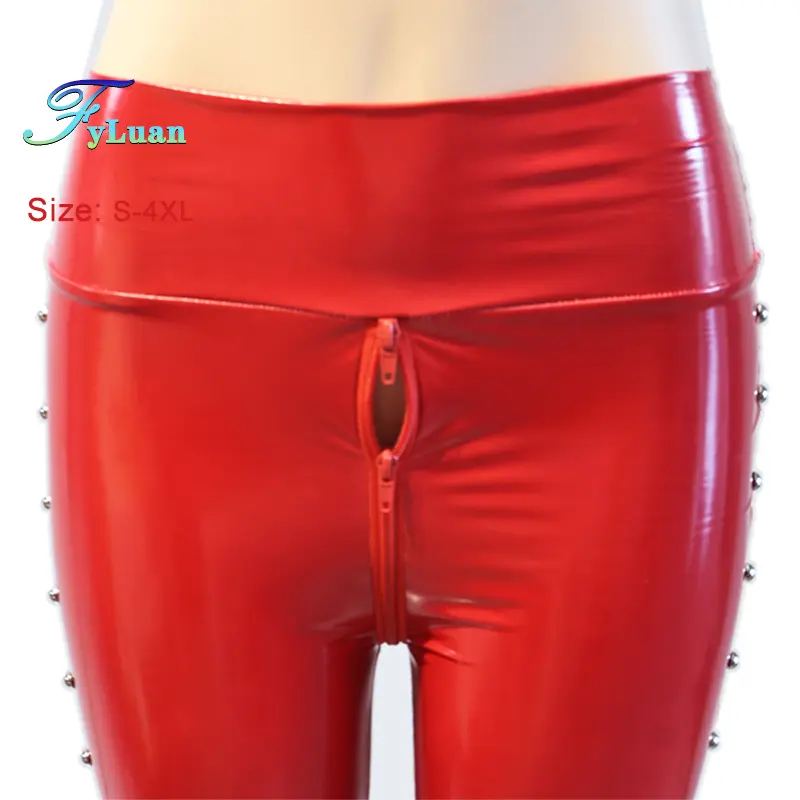 Double Zipper Open Cortch Shine PU Leather Skinny Women Pants Rivet Stage Club Long Trousers Tights Leggings Party Rock Costumes