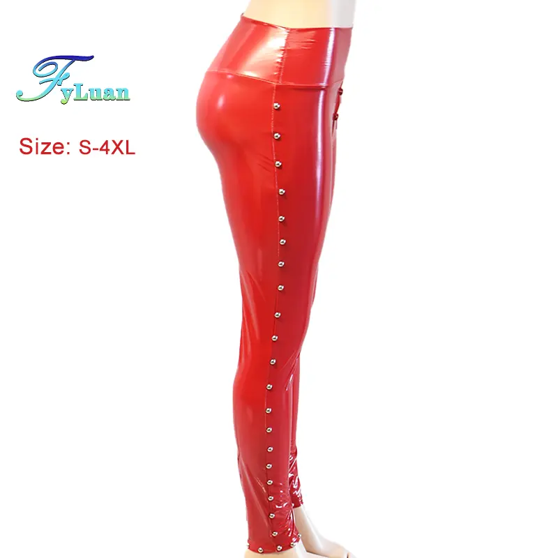 Double Zipper Open Cortch Shine PU Leather Skinny Women Pants Rivet Stage Club Long Trousers Tights Leggings Party Rock Costumes