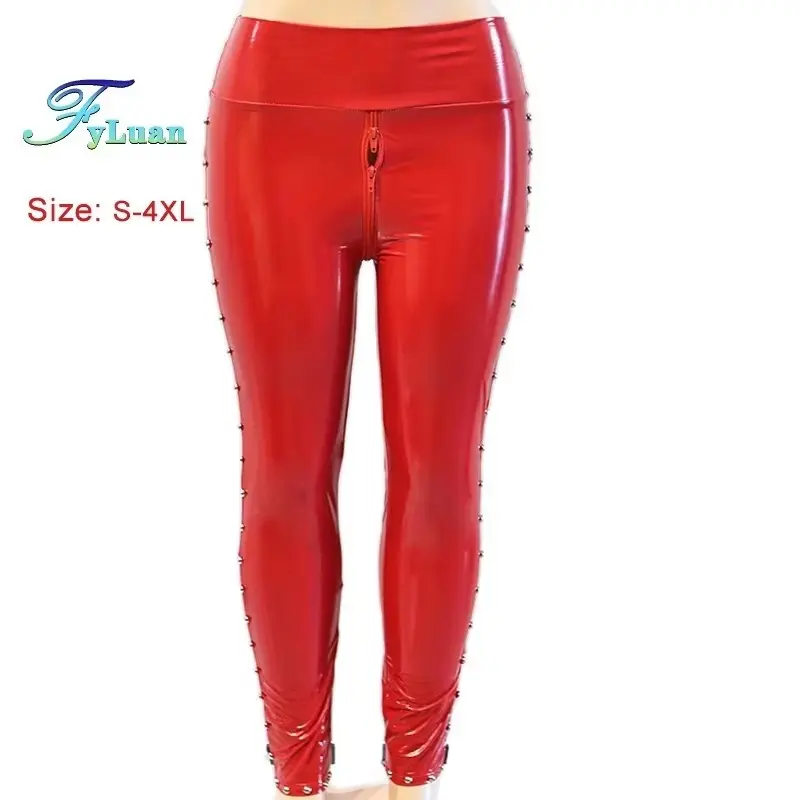 Double Zipper Open Cortch Shine PU Leather Skinny Women Pants Rivet Stage Club Long Trousers Tights Leggings Party Rock Costumes