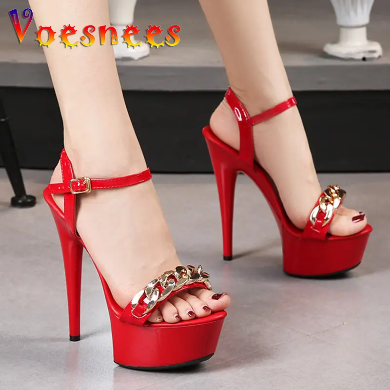 Chic Metal Chain Design Women Sandal 15CM Fashion Platform Wedding Party Stilettos One Word Band Lady Nightclub Pole Dance Shoes