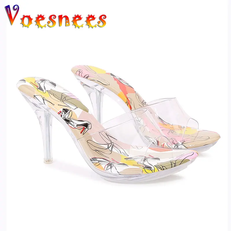 Women Shoes Summer Pointed Toe High Heels Pumps 8CM Crystal Transparent Sandals Wearing Stylish Color Slippers On The Outdoors