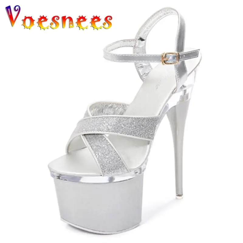 Women Platform Ankle Strap Sandals Sexy 18CM Ultra High Heels Fashion Nightclub Stripper Shoes Pink Narrow-band Summer Stilettos
