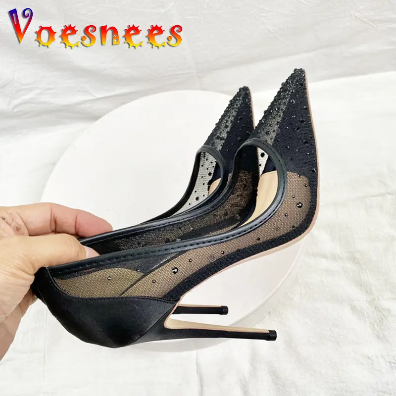 Breathable Mesh Fashion Single Shoes Elegant Women Pointed Tip High Heels Luxurious Rhinestone Summer Party Stiletto Pumps 12CM