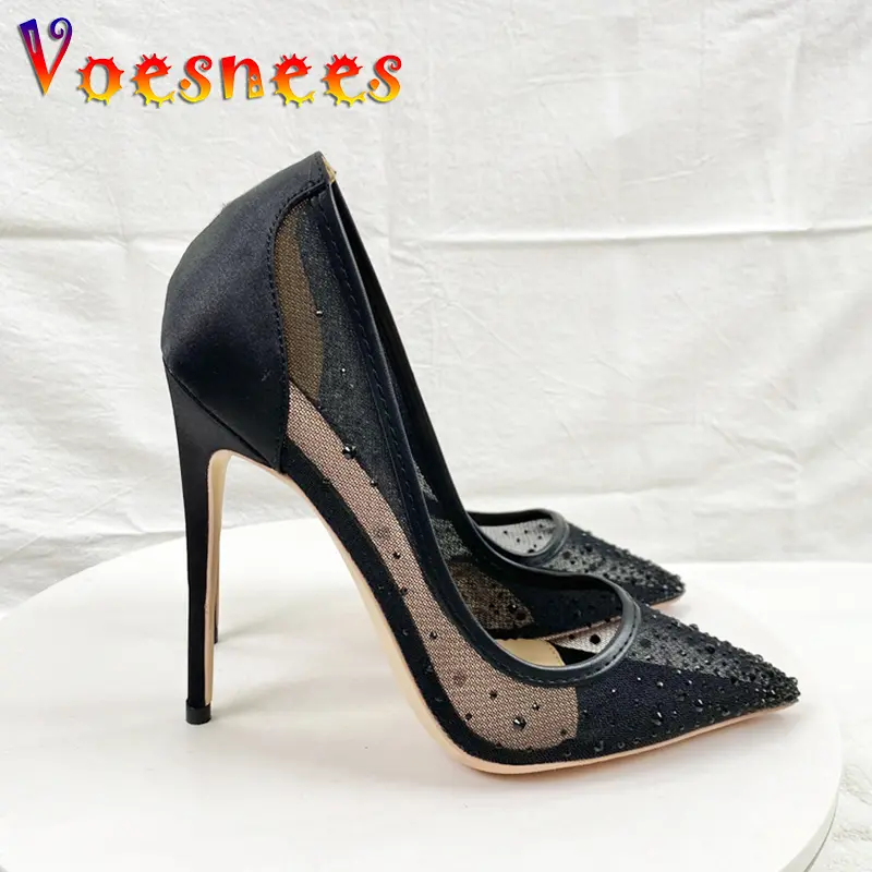 Breathable Mesh Fashion Single Shoes Elegant Women Pointed Tip High Heels Luxurious Rhinestone Summer Party Stiletto Pumps 12CM