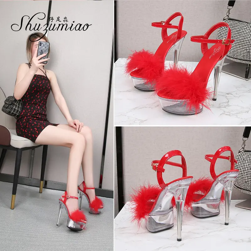 Shuzumiao Sandals For Women Waterproof Platform Women Shoes 2021 Summer New Fur Transparent High Heels 14.5cm Female Party Shoes
