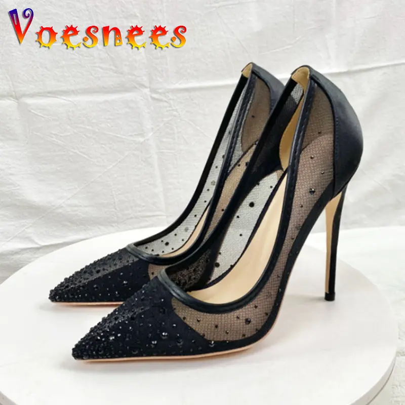 Breathable Mesh Fashion Single Shoes Elegant Women Pointed Tip High Heels Luxurious Rhinestone Summer Party Stiletto Pumps 12CM