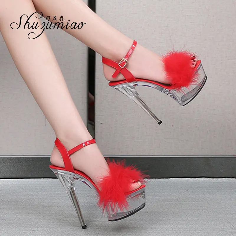 Shuzumiao Sandals For Women Waterproof Platform Women Shoes 2021 Summer New Fur Transparent High Heels 14.5cm Female Party Shoes