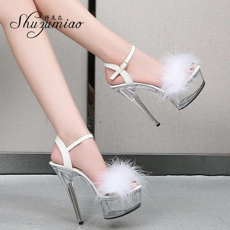 Shuzumiao Sandals For Women Waterproof Platform Women Shoes 2021 Summer New Fur Transparent High Heels 14.5cm Female Party Shoes