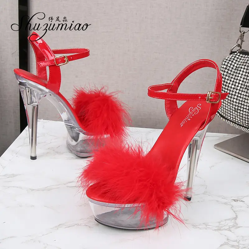 Shuzumiao Sandals For Women Waterproof Platform Women Shoes 2021 Summer New Fur Transparent High Heels 14.5cm Female Party Shoes