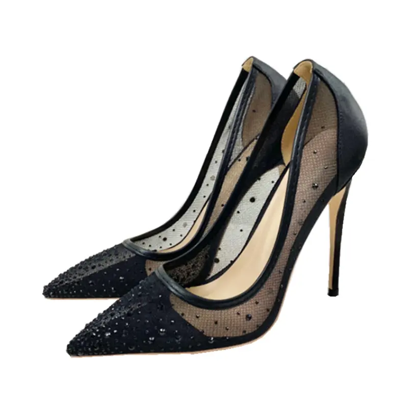 Breathable Mesh Fashion Single Shoes Elegant Women Pointed Tip High Heels Luxurious Rhinestone Summer Party Stiletto Pumps 12CM