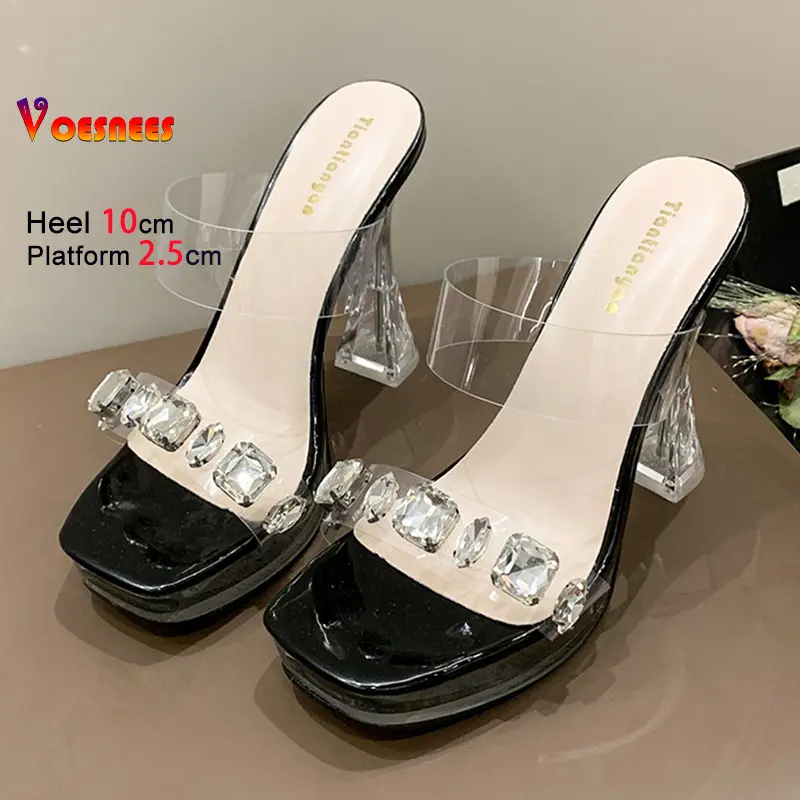 Clear High Heels 10CM 12CM Summer Thick Platform Sandals Women Slides Transparent PVC Crystal Shoes Shiny Rhinestone Slippers  ﻿